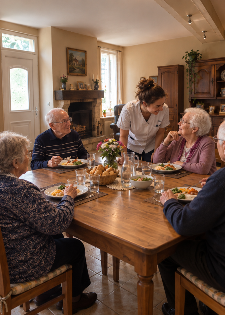 Séniors en maison partagée, attablés autour d'une table pour le repas. une assistante de vie partage une discussion avec une personne âgée.