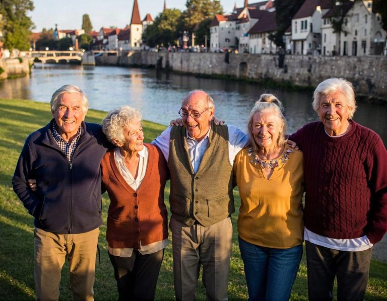 Groupe de 5 séniors partageant un moment de vie en commun en sortie au bord de la Garonne.
